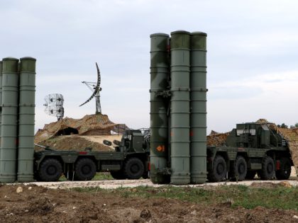 A picture shows two Russian S-400 Triumf S-400 Triumf missile system at the Russian Hmeimi