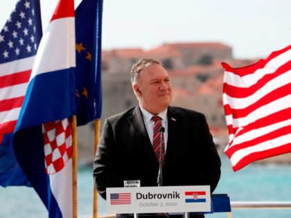 U.S. Secretary of State Mike Pompeo listens as Croatia's Prime Minister as he speaks during a joint press conference in Dubrovnik on October 2, 2020. - Pompeo is in Croatia as part of his six-day trip to Southern Europe. (Photo by Darko Bandic / POOL / AFP) (Photo by DARKO …