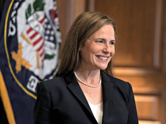WASHINGTON, DC - OCTOBER 21: Supreme Court nominee Judge Amy Coney Barrett participates in a photo op with Sen. Martha McSally (R-Ariz.) in the Mansfield Room of the U.S. Capitol prior to their meeting on October 21, 2020 in Washington, DC. Senate Republicans are looking to hold a confirmation vote …