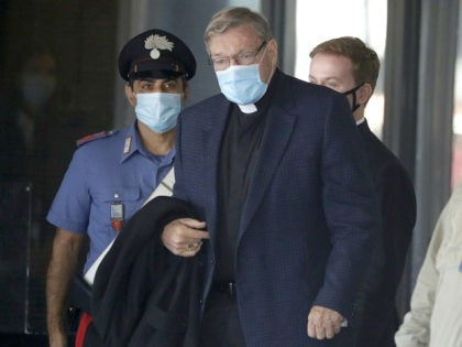Australian Cardinal George Pell arrives at Rome's international airport in Fiumicino, Wednesday, Sept. 30, 2020. Pell took a leave of absence from his job in 2017 to stand trial in his native Australia on historic child sexual abuse charges, for which he was ultimately acquitted. (AP Photo/Andrew Medichini)