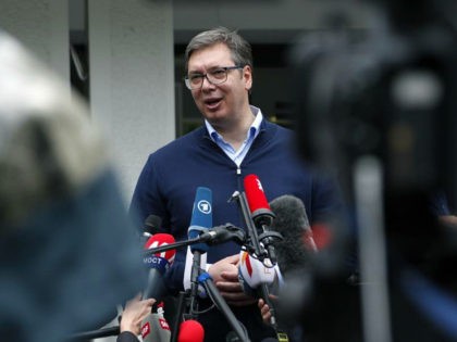 Serbia's President Aleksandar Vucic, addresses the media outside a polling station, in Belgrade, Serbia, Sunday, June 21, 2020. Serbia's ruling populists are set to tighten their hold on power in a Sunday parliamentary election held amid concerns over the spread of the coronavirus in the Balkan country and a partial …