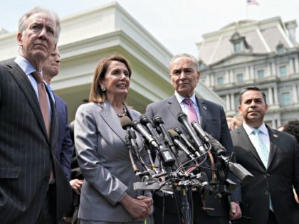 WASHINGTON, DC - APRIL 30: Congressional Democrats, including (L-R) House Ways and Means Committee Chairman Richard Neal (D-MA), Senate Finance Committee ranking member Sen. Ron Wyden (D-OR), Speaker of the House Nancy Pelosi (D-CA), Senate Minority Leader Charles Schumer (D-NY) and Rep. Ben Ray Lujan (D-NM), talk to reporters following …