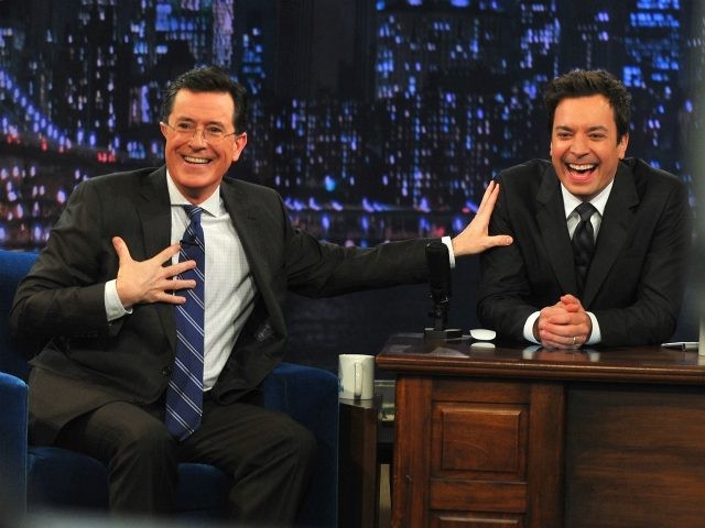 NEW YORK, NY - FEBRUARY 21: Stephen Colbert and Jimmy Fallon during a taping "Late Night With Jimmy Fallon" at Rockefeller Center on February 21, 2013 in New York City. (Photo by Theo Wargo/Getty Images)