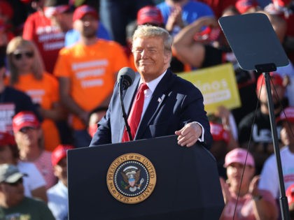 GOODYEAR, ARIZONA - OCTOBER 28: U.S. President Donald Trump addresses thousands of supporters during a campaign rally at Phoenix Goodyear Airport October 28, 2020 in Goodyear, Arizona. With less than a week until Election Day, Trump and his opponent, Democratic presidential nominee Joe Biden, are campaigning across the country. (Photo …