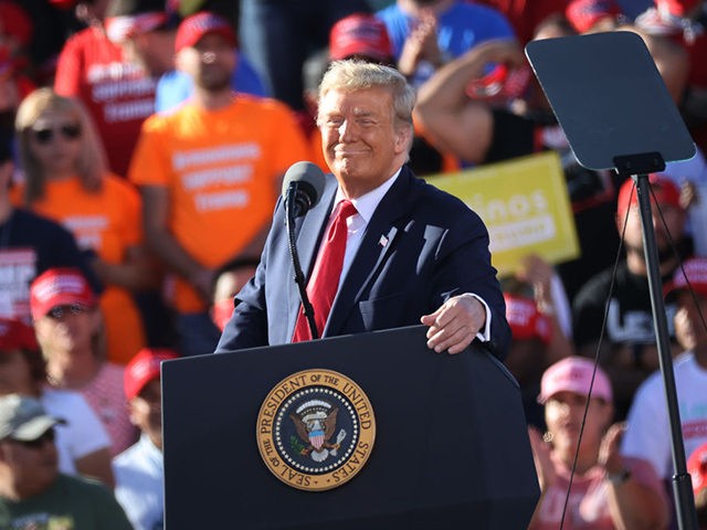 GOODYEAR, ARIZONA - OCTOBER 28: U.S. President Donald Trump addresses thousands of supporters during a campaign rally at Phoenix Goodyear Airport October 28, 2020 in Goodyear, Arizona. With less than a week until Election Day, Trump and his opponent, Democratic presidential nominee Joe Biden, are campaigning across the country. (Photo …
