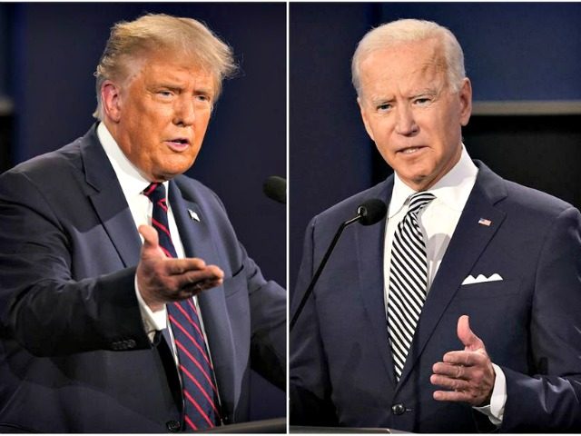 President Donald Trump, left, and former Vice President Joe Biden during the first presidential debate at Case Western University and Cleveland Clinic, in Cleveland, Ohio. Trump and Biden have starkly different visions for the international role of the United States — and the presidency. (AP Photo/Patrick Semansky)