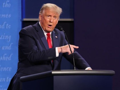 NASHVILLE, TENNESSEE - OCTOBER 22: U.S. President Donald Trump participates in the final presidential debate against Democratic presidential nominee Joe Biden at Belmont University on October 22, 2020 in Nashville, Tennessee. This is the last debate between the two candidates before the election on November 3. (Photo by Chip Somodevilla/Getty …