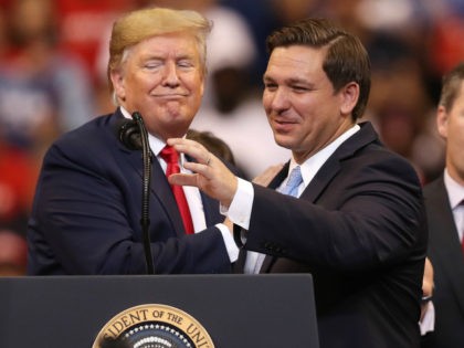 U.S. President Donald Trump introduces Florida Governor Ron DeSantis during a homecoming campaign rally at the BB&T Center on November 26, 2019 in Sunrise, Florida. President Trump continues to campaign for re-election in the 2020 presidential race. (Photo by Joe Raedle/Getty Images)