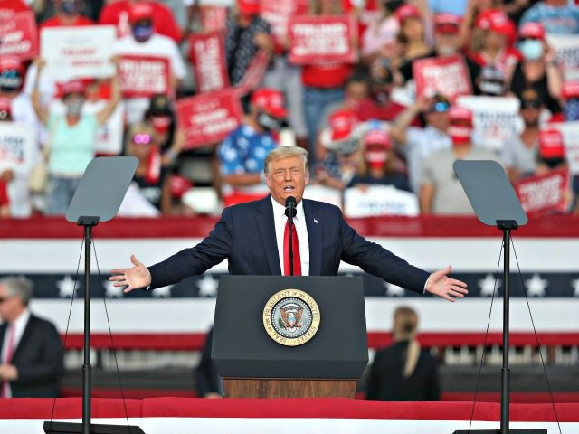 HE VILLAGES, FLORIDA - OCTOBER 23: U.S. President Donald Trump speaks during his campaign event at The Villages Polo Club on October 23, 2020 in The Villages, Florida. President Trump continues to campaign against Democratic presidential nominee Joe Biden leading up to the November 3rd Election Day. (Photo by Joe …