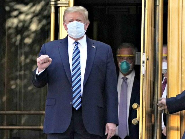 President Donald Trump walks out of Walter Reed National Military Medical Center to return