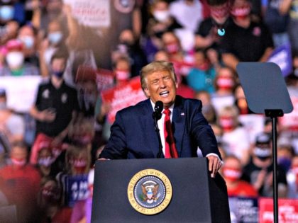 GASTONIA, NC - OCTOBER 21: President Donald Trump makes remarks to a crowd of several thousand rally goers at Gastonia Municipal Airport on October 21, 2020 in Gastonia, North Carolina. Polls in North Carolina show republicans not carrying the state 12 days before the election. (Photo by Melissa Sue Gerrits/Getty …