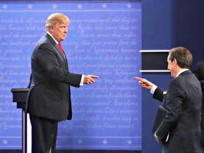 LAS VEGAS, NV - OCTOBER 19: Republican presidential nominee Donald Trump gestures to Fox N