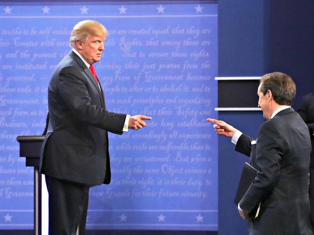 LAS VEGAS, NV - OCTOBER 19: Republican presidential nominee Donald Trump gestures to Fox News anchor and moderator Chris Wallace after the third U.S. presidential debate at the Thomas & Mack Center on October 19, 2016 in Las Vegas, Nevada. Tonight is the final debate ahead of Election Day on …