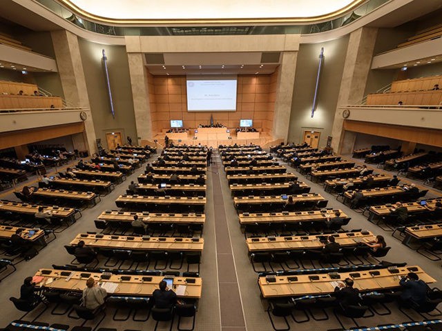 This photograph taken on September 18, 2020 shows a general view on the opening of a meeting of the United Nations Human Rights Council on allegations of torture and other serious violations in Belarus, in Geneva. - Belarus opposition leader Svetlana Tikhanovskaya figured alongside other speakers lined up for a …