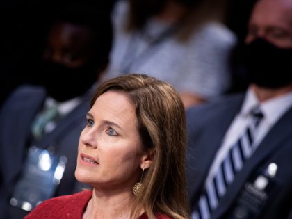 WASHINGTON, DC - OCTOBER 13: Supreme Court nominee Judge Amy Coney Barrett speaks on the s