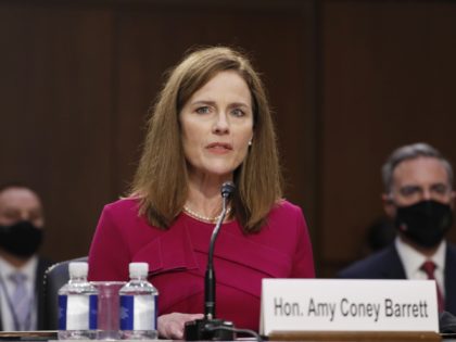 WASHINGTON, DC - OCTOBER 12: Supreme Court Justice nominee Judge Amy Coney Barrett speaks as she is sworn in during the Senate Judiciary Committee confirmation hearing for Supreme Court Justice in the Hart Senate Office Building on October 12, 2020 in Washington, DC. With less than a month until the …