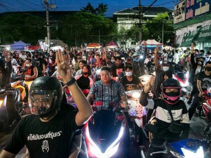 BANGKOK, THAILAND - OCTOBER 19: Protesters arrive on motorbike to a rally outside Nonthaburi police station on October 19, 2020 in Bangkok, Thailand. This rally marks the latest in a string of anti-government protests that began in late July where students and anti-government protesters call for governmental reform. (Photo by …