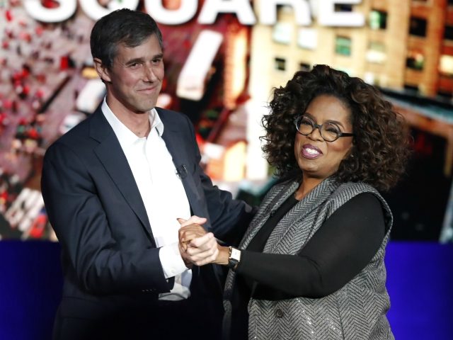 Former Democratic Texas congressman Beto O'Rourke, left, appears with Oprah Winfrey for "Oprah's SuperSoul Conversations from Times Square" Tuesday, Feb. 5, 2019, in New York. The lineup on Tuesday also features actors Bradley Cooper and Michael B. Jordan and philanthropist Melinda Gates, underscoring the sense of celebrity that surrounds O'Rourke. …