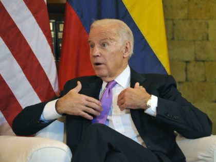 US Vice-President Joe Biden gestures during a meeting with Colombian President Juan Manuel Santos (out of frame) at the Casa de Huespedes Ilustres in Cartagena, Colombia, on December 1, 2016. - Biden begins a two-day visit to Colombia where he will attend the US-Colombia Business Advisory Council Meeting opening session. …