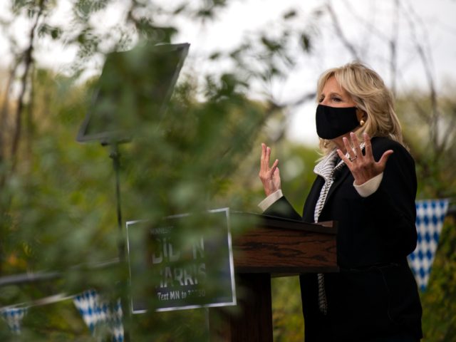 MINNEAPOLIS, MN - OCTOBER 03: Dr. Jill Biden, wife of Democratic U.S. presidential nominee Joe Biden, speaks during a campaign event at Utepils Brewery on October 3, 2020 in Minneapolis, Minnesota. Biden spoke alongside Minnesota Lt. Governor Peggy Flanagan and Sen. Tina Smith. (Photo by Stephen Maturen/Getty Images)