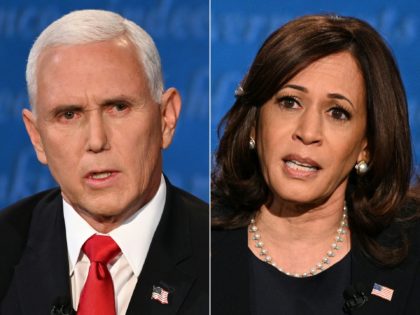 COMBO) This combination of pictures created on October 07, 2020 shows US Vice President Mike Pence and US Democratic vice presidential nominee and Senator from California Kamala Harris during the vice presidential debate in Kingsbury Hall at the University of Utah on October 7, 2020 in Salt Lake City, Utah. …