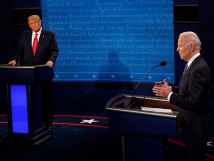 US President Donald Trump and Democratic Presidential candidate and former US Vice President Joe Biden argue during the final presidential debate at Belmont University in Nashville, Tennessee, on October 22, 2020. (Photo by Morry GASH / POOL / AFP) (Photo by MORRY GASH/POOL/AFP via Getty Images)