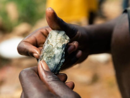 A young miner looks at an ore sample searching for gold during a mine search and rescue operation at Cricket Mine in Kadoma, Mashonaland West Province where more than 23 artisinal miners are trapped underground and feared dead on February 15, 2019. (Photo by Jekesai NJIKIZANA / AFP) (Photo credit …
