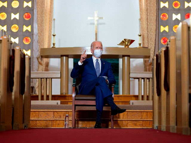 TOPSHOT - Democratic presidential candidate and former US Vice President Joe Biden speaks at Grace Lutheran Church in Kenosha, Wisconsin, on September 3, 2020, in the aftermath of the police shooting of Jacob Blake. (Photo by JIM WATSON / AFP) (Photo by JIM WATSON/AFP via Getty Images)