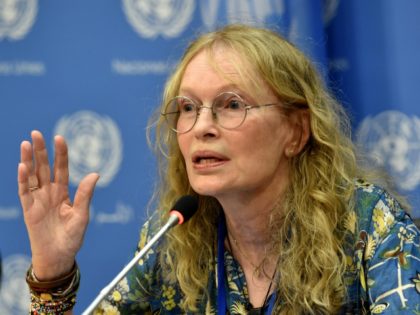 Mia Farrow, UNICEF Goodwill Ambassador, speaks to the media about her visit to the Central African Republic July 22, 2014 at United Nations headquarters in New York. AFP PHOTO/Stan HONDA (Photo credit should read STAN HONDA/AFP via Getty Images)