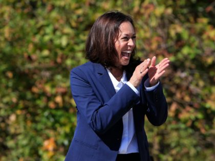 ASHEVILLE, NC - OCTOBER 21: Democratic vice presidential nominee Sen. Kamala Harris (D-CA) addresses supporters during a "get out the vote" event at the University of North Carolina Asheville on October 21, 2020 in Asheville, North Carolina. North Carolina, with 15 electoral votes, is considered a valuable swing state for …