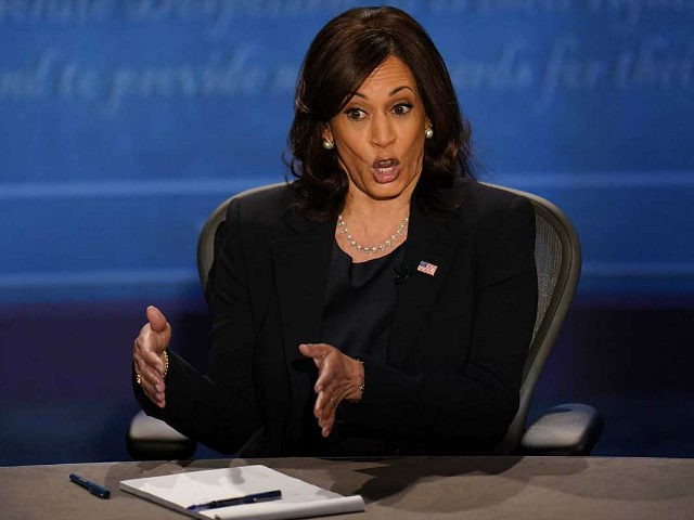Democratic vice presidential candidate Sen. Kamala Harris, D-Calif., makes a point during