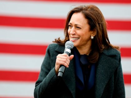 Democratic vice presidential nominee Senator Kamala Harris (D-CA) speaks at a campaign sto