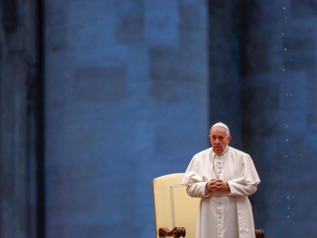 Pope Francis presides over a moment of prayer on the sagrato of St Peters Basilica, the platform at the top of the steps immediately in front of the façade of the Church, to be concluded with the Pope giving the Urbi et Orbi Blessing, on March 27, 2020 at St. …