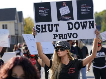 Paris Hilton leads a protest Friday, Oct. 9, 2020, in Provo, Utah. Hilton was in Utah Friday to lead a protest outside a boarding school where she alleges she was abused physically and mentally by staff when she was a teenager. Hilton, now 39, went public with the allegations in …