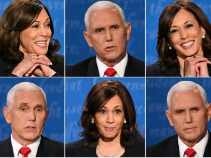 OPSHOT - (COMBO) This combination of pictures created on October 07, 2020 shows US Democratic vice presidential nominee and Senator from California Kamala Harris and US Vice President Mike Pence during the vice presidential debate in Kingsbury Hall at the University of Utah on October 7, 2020, in Salt Lake …