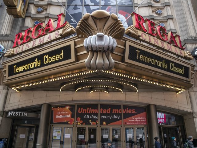 NEW YORK, NY - MARCH, 17: A Regal Cinemas remains closed on March 17, 2020 in New York City. Schools, businesses and most places where people congregate across the country have been shut down as health officials try to slow the spread of COVID-19. (Photo by Victor J. Blue/Getty Images)
