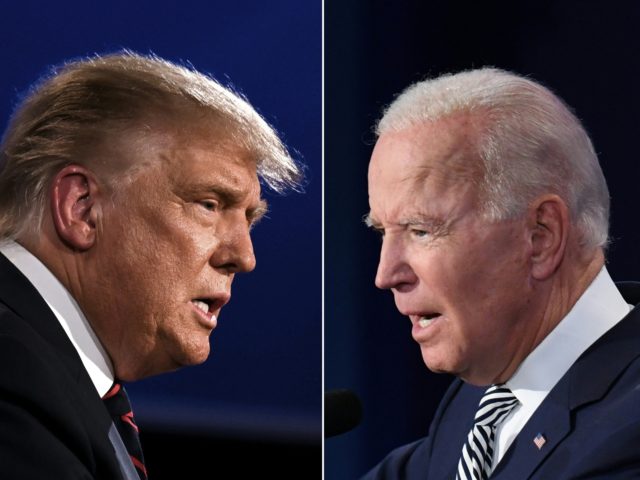 TOPSHOT - (COMBO) This combination of pictures created on September 29, 2020 shows US President Donald Trump (L) and Democratic Presidential candidate former Vice President Joe Biden squaring off during the first presidential debate at the Case Western Reserve University and Cleveland Clinic in Cleveland, Ohio on September 29, 2020. …