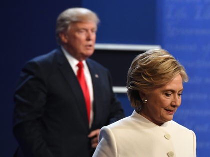 TOPSHOT - Democratic nominee Hillary Clinton (R) and Republican nominee Donald Trump walk off the stage after the final presidential debate at the Thomas & Mack Center on the campus of the University of Las Vegas in Las Vegas, Nevada on October 19, 2016. (Photo by Robyn Beck / AFP) …