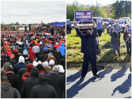 Supporters at a "Make America Great Again" rally in Waterford Township, Michigan. (Photo by MANDEL NGAN/AFP via Getty Images) and Supporters at a rally with Democratic presidential candidate former Vice President Joe Biden and former President Barack Obama at Northwestern High School in Flint, Mich., Saturday, Oct. 31, 2020. (AP …
