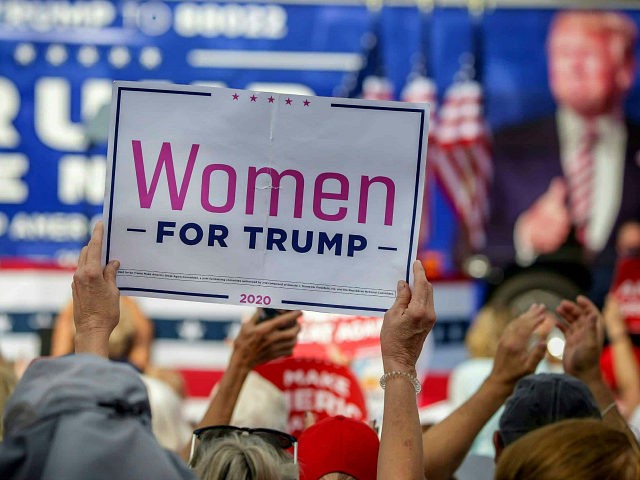 A Women For Trump sign is held as US Vice President Mike Pence speaks at a rally in The Villages, Florida on October 10, 2020. - President Donald Trump appeared maskless before hundreds of supporters on October 10, 2020 for his first public event since contracting Covid-19, declaring from the …
