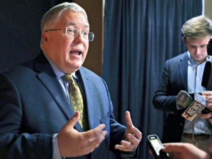 In this Nov. 1, 2018, file photo, Patrick Morrisey speaks to reporters after a debate in Morgantown, W.Va. Isaac Sponaugle conceded the Democratic primary for West Virginia attorney general to labor lawyer Sam Petsonk on Tuesday, June 23, 2020 capping a close race decided by fewer than 200 votes weeks …