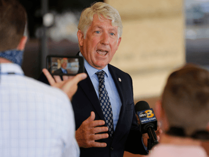 Virginia Attorney General Mark Herring gestures as he talks with the media after a court hearing on the fate of the statue of Confederate General Robert E. Lee on Monument Avenue Thursday, July 23, 2020, in Richmond, Va. Two lawsuits have been filed in an attempt to block the removal …