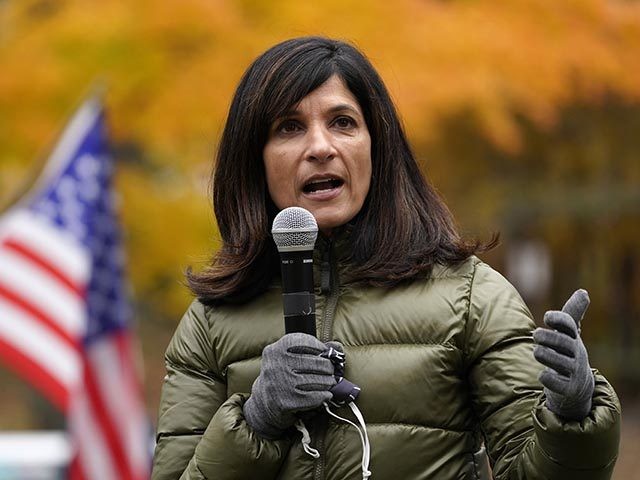 Sara Gideon, Democratic candidate for U.S. Senate, speaks to Bowdoin College students on the Town Mall, Thursday, Oct. 29, 2020, in Brunswick, Maine. Gideon, the speaker of the Maine House, is challenging incumbent Republican Sen. Susan Collins. (AP Photo/Robert F. Bukaty)