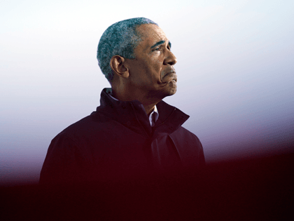 Former President Barack Obama speaks at a rally at Belle Isle Casino in Detroit, Mich., Sa