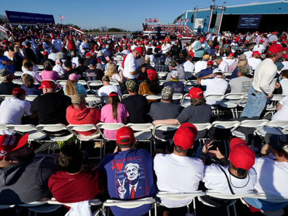 Supporters wait before President Donald Trump arrives to speak at a campaign rally on Sund