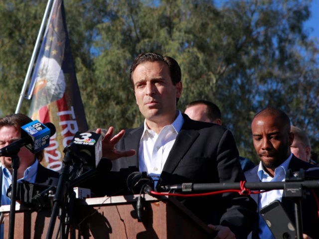 Former Nevada Attorney General Adam Laxalt speaks to the news media during a press conference by members of Donald J. Trump for President, Inc., outside Clark County Election Department on November 5, 2020, in North Las Vegas. (Photo by Ronda Churchill / AFP) (Photo by RONDA CHURCHILL/AFP via Getty Images)