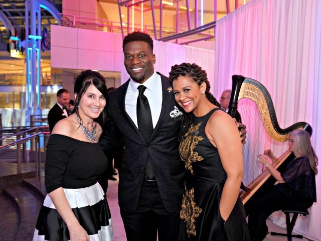 WASHINGTON, DC - JANUARY 23: Save The Storks Director of External Relations Victoria Robinson, New England Patriots NFL Player Benjamin Watson, and Producer and Host of Divided Hearts of America Kirsten Watson attend Stork Ball 2020 at the Ronald Reagan Building on January 23, 2020 in Washington, DC. (Photo by …