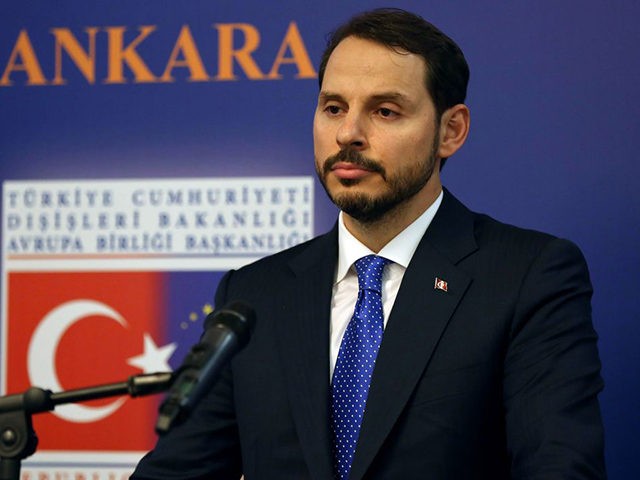 Treasury and Finance Minister Berat Albayrak looks on during a press conference after a "R