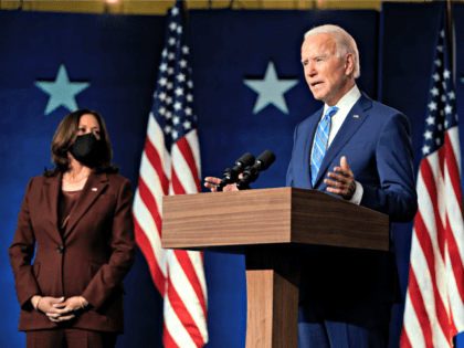 WILMINGTON, DE - NOVEMBER 04: Democratic presidential nominee Joe Biden, joined by vice presidential nominee Sen. Kamala Harris (D-CA), speaks one day after Americans voted in the presidential election, on November 04, 2020 in Wilmington, Delaware. Biden spoke as votes are still being counted in his tight race against incumbent …