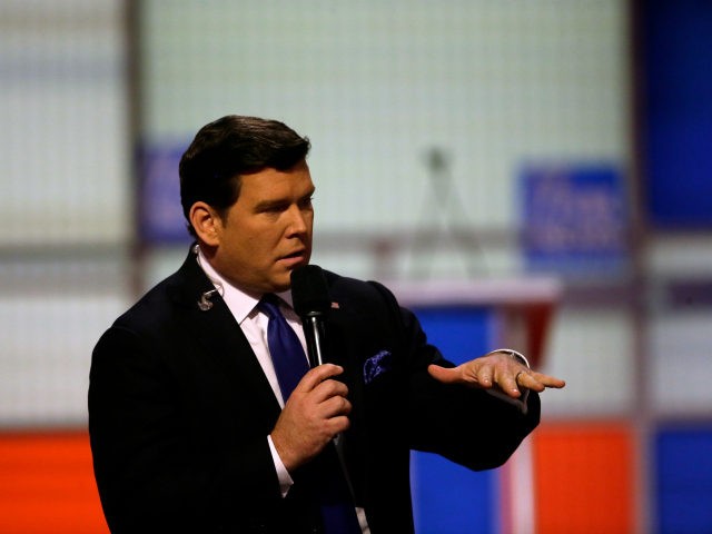 Moderator Bret Baier speaks before a Republican presidential primary debate at Fox Theatre, Thursday, March 3, 2016, in Detroit. (AP Photo/Carlos Osorio)